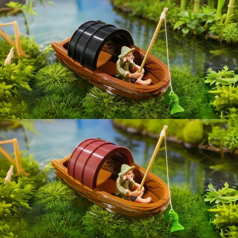 Aquarium Fish Escape - 【D】Mini Fisherman Boat Model Set Floating